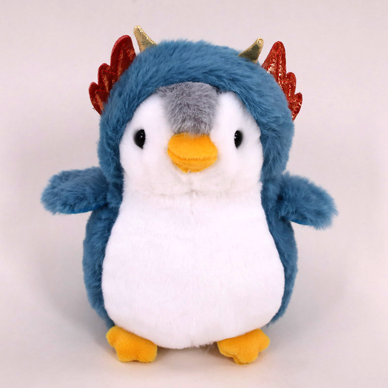 penguin plush in blue dinosaur costume
