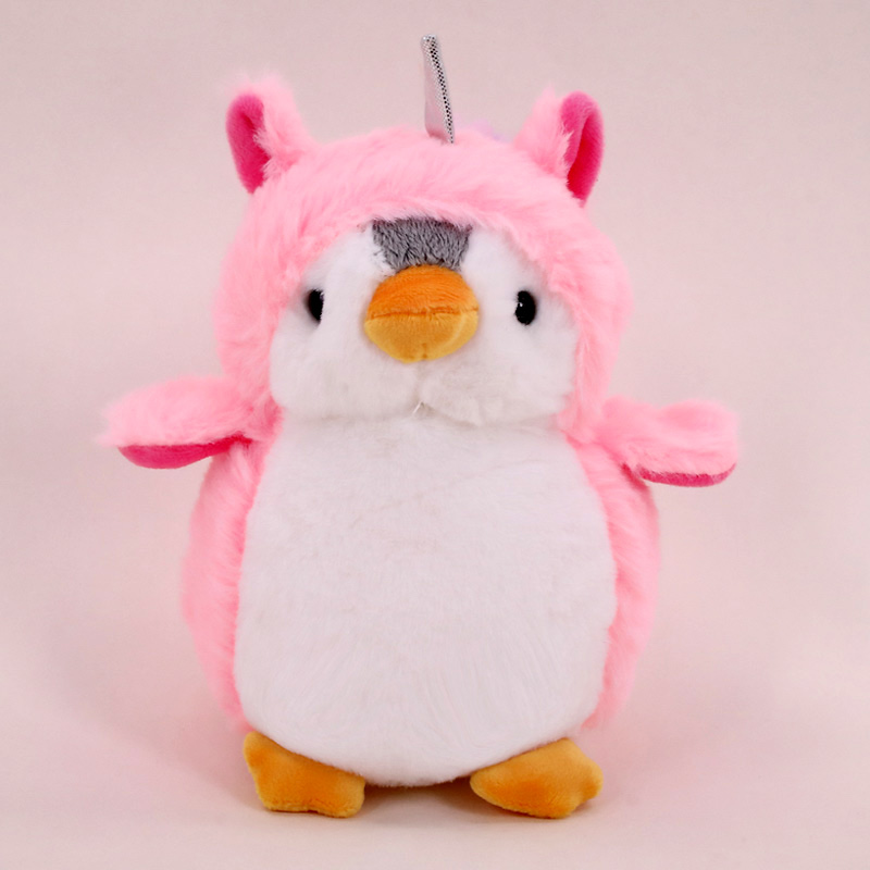 penguin plush in pink unicorn costume